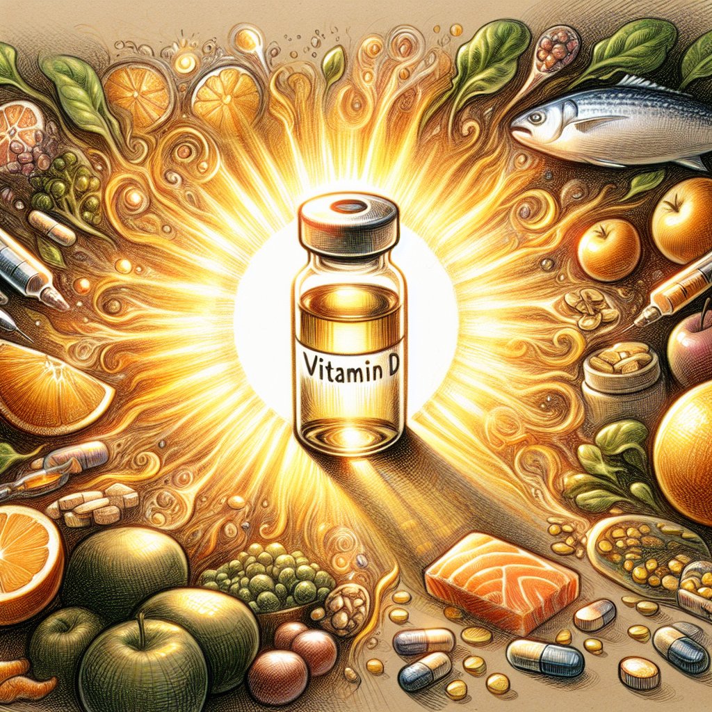 Vitamin D vial surrounded by health-boosting foods and supplements with radiant golden sunshine