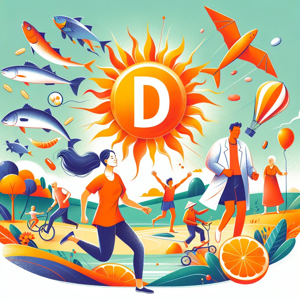 Vibrant scene with sun rays, natural sources of Vitamin D, and people engaging in outdoor activities to depict the importance of Vitamin D for overall well-being