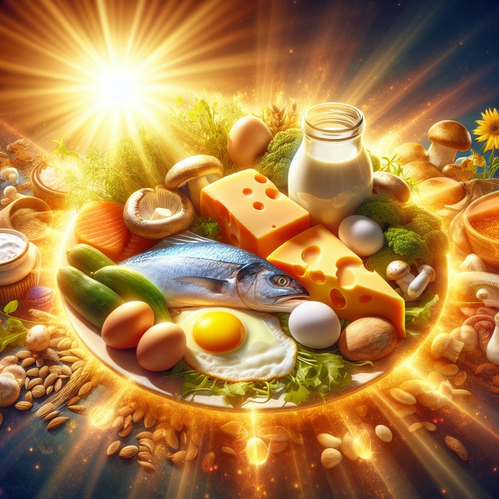 Assorted foods rich in Vitamin D on a vibrant plate, bathed in sunlight