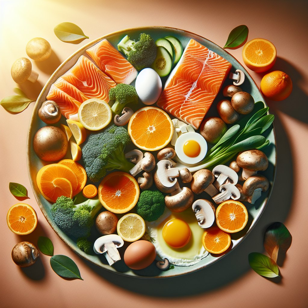 Vibrant and colorful plate filled with food rich in Vitamin D, symbolizing vitality and nourishment
