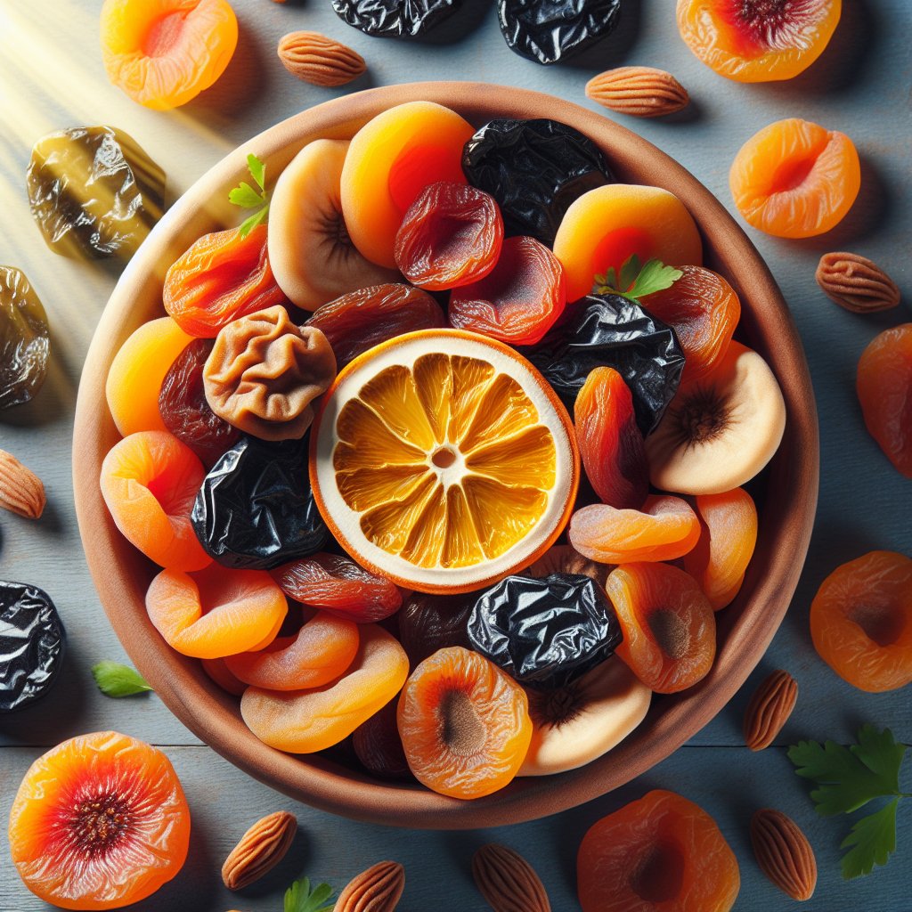 Assortment of vibrant, Vitamin D-rich dry fruits arranged in a bowl, surrounded by sunlight rays