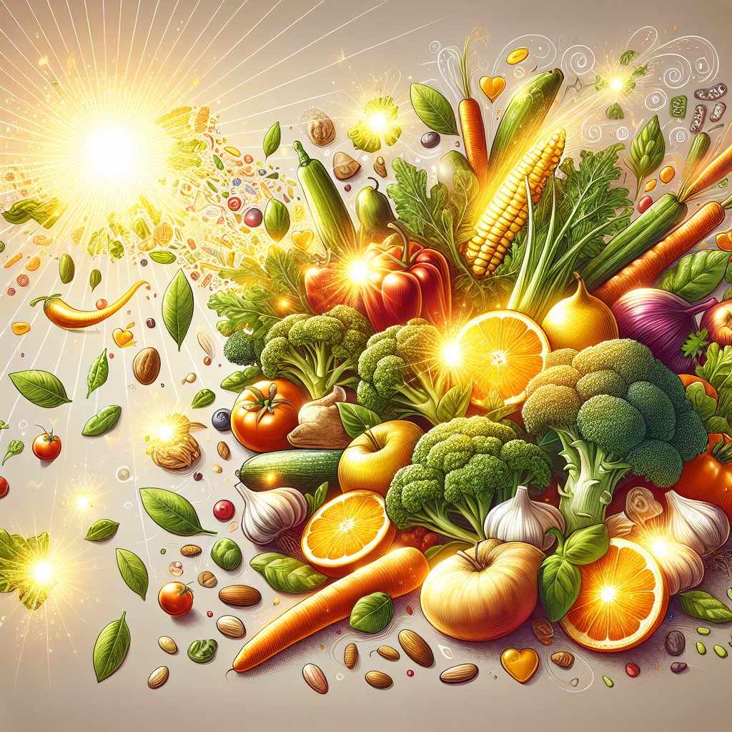 Assortment of fruits and vegetables bathed in sunlight, representing natural sources of Vitamin D