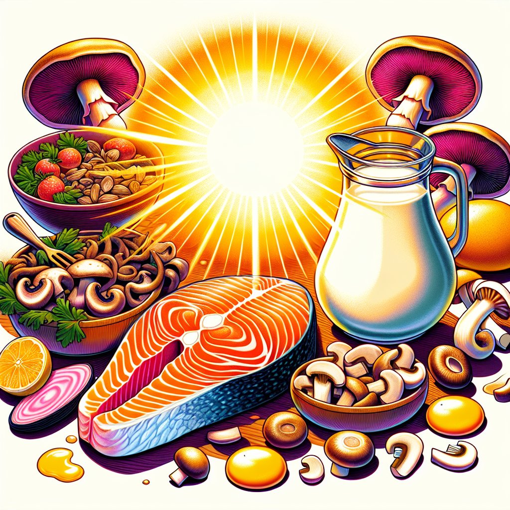 Assorted nutrient-rich foods under a radiant sun symbolizing natural sources of Vitamin D