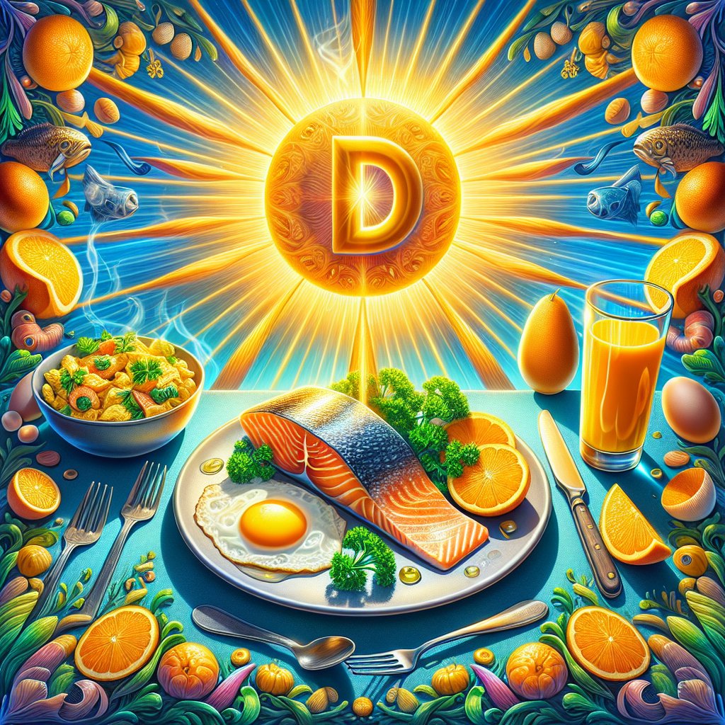 Plate with salmon, eggs, and fortified orange juice to promote eye health through Vitamin D