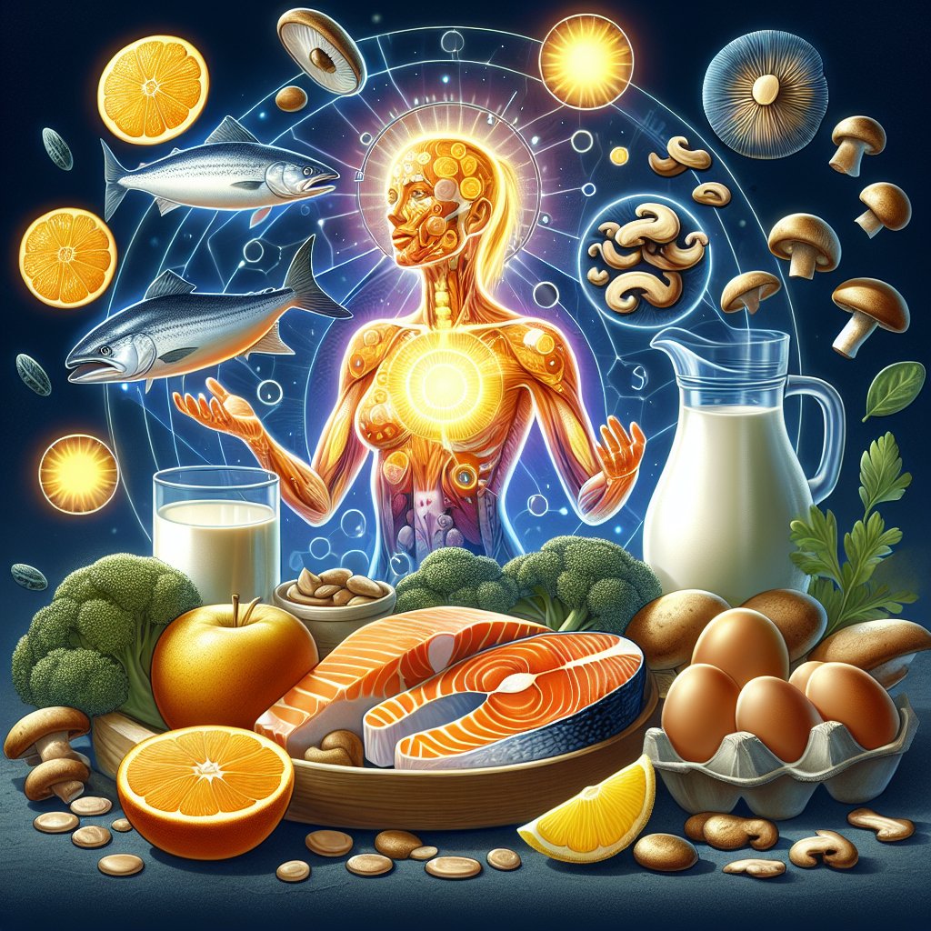Assorted vitamin D rich foods surrounded by vibrant illustrations of strong bones, resilient immune cells, and a radiant, energetic individual, symbolizing the powerful health benefits of Lannett Vitamin D.