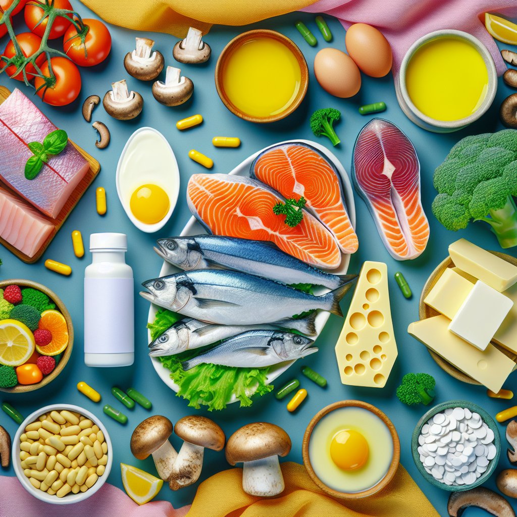 Colorful assortment of vitamin D-rich foods and supplements promoting fingernail health