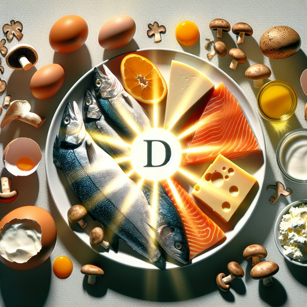 Assortment of Vitamin D-rich foods including fatty fish, fortified dairy products, egg yolks, and mushrooms on a vibrant plate