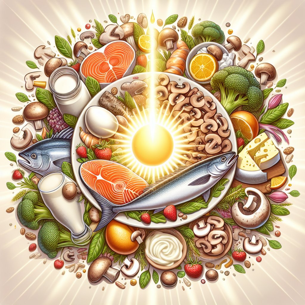A vibrant plate filled with fatty fish, fortified dairy products, and mushrooms, symbolizing vitality and oral health.