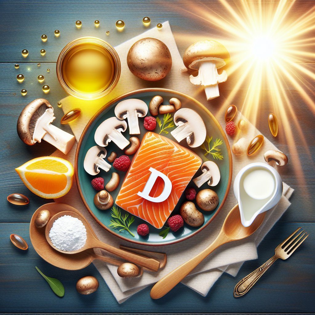 A vibrant plate of Vitamin D-rich foods including salmon, mushrooms, and fortified dairy products, surrounded by radiant sunlight to symbolize the importance of Vitamin D for bone health and immune function.