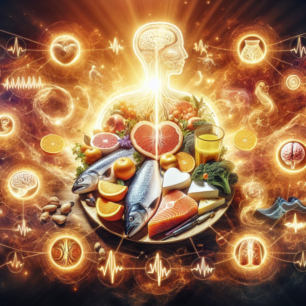 A vibrant, sunlit plate filled with Vitamin D-rich foods, surrounded by wellness symbols, illustrating the importance of Vitamin D for overall health and its connection to silent reflux.