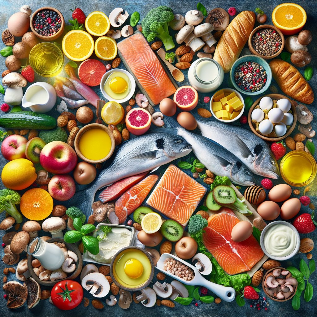 An appetizing and diverse spread of Vitamin D-rich foods, including fatty fish, eggs, fortified dairy products, and mushrooms, promoting radiant and youthful skin.