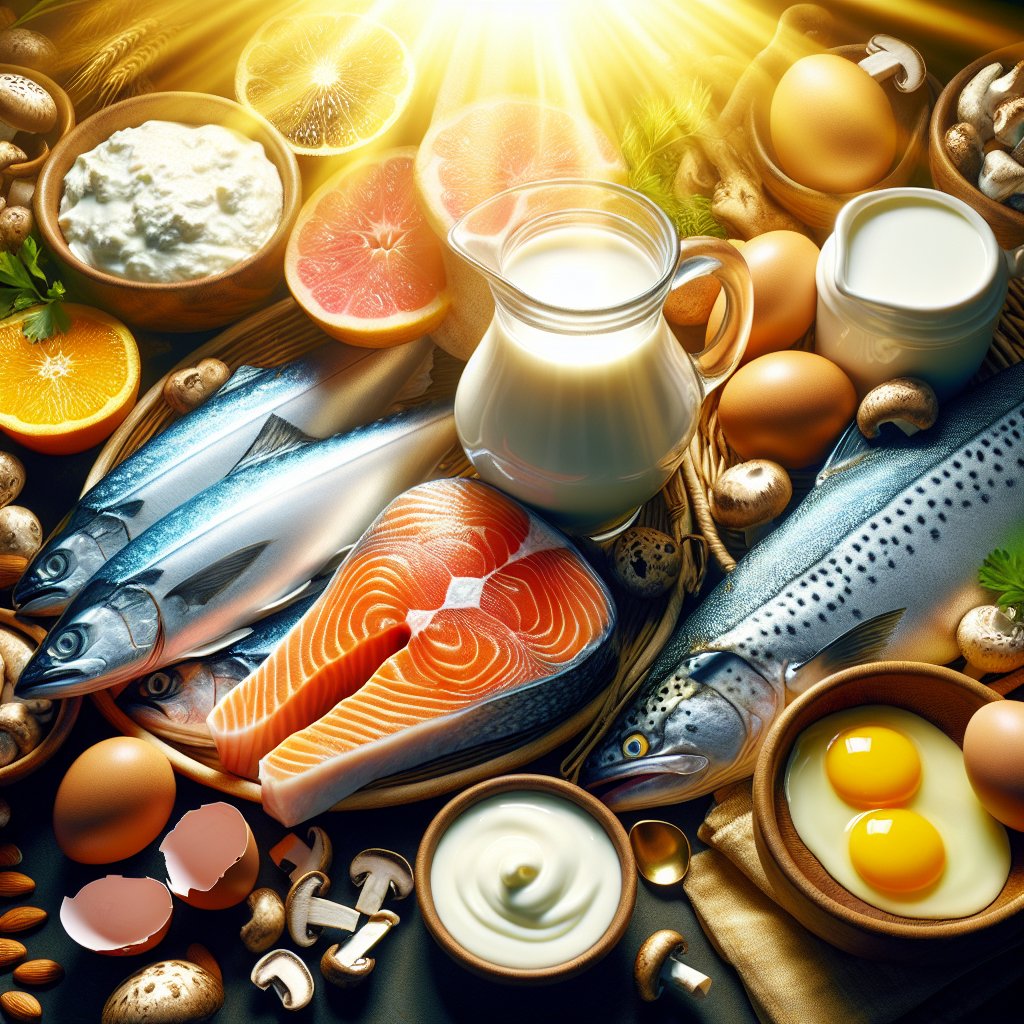 Assortment of fatty fish, fortified dairy products, egg yolks, and mushrooms under sunlight, representing natural sources of vitamin D