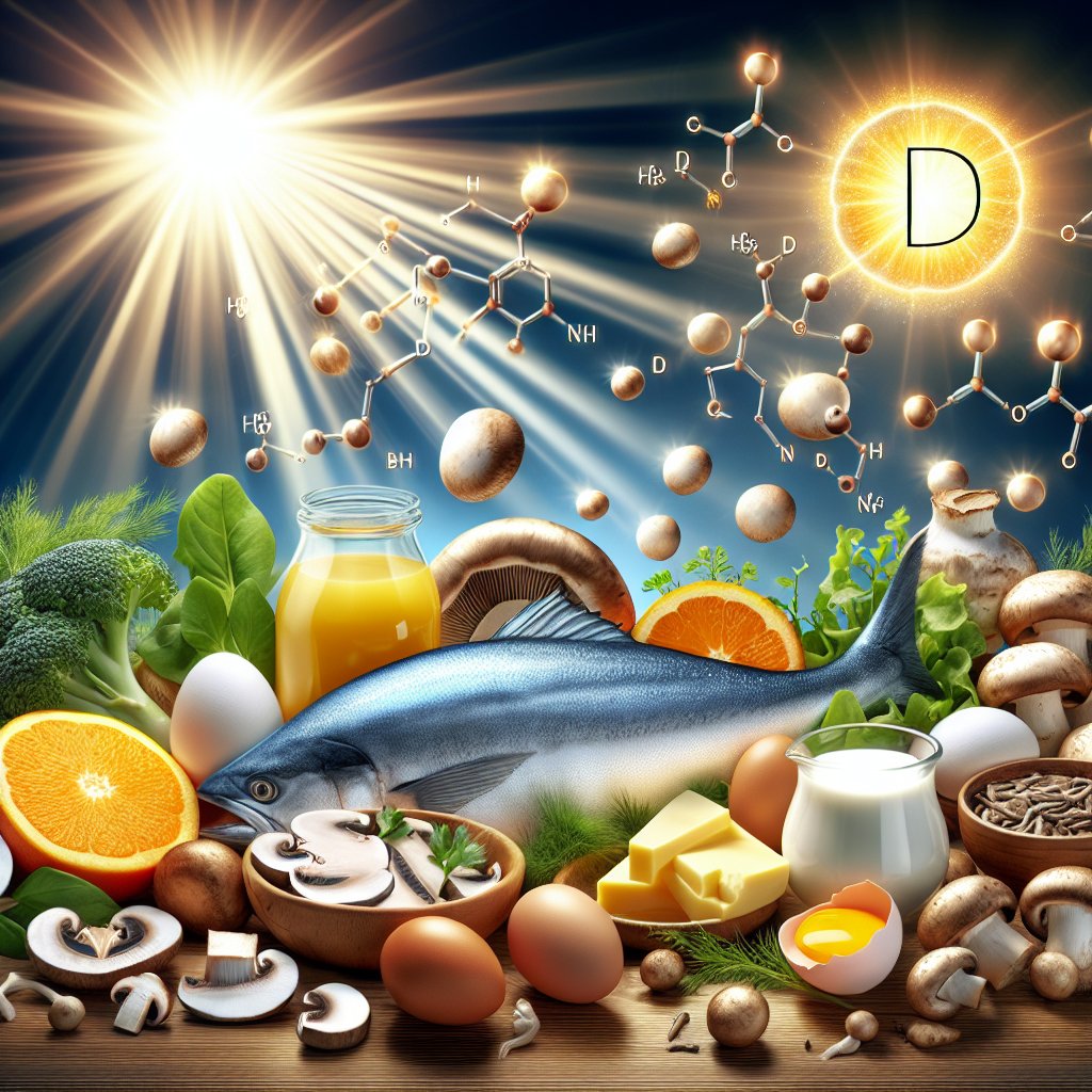 A vibrant array of fatty fish, mushrooms, egg yolks, and fortified dairy products basking in sunlight to showcase their natural sources of Vitamin D.