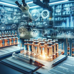 Scientific research laboratory setting with vials of Vitamin D shots alongside data charts and graphs.