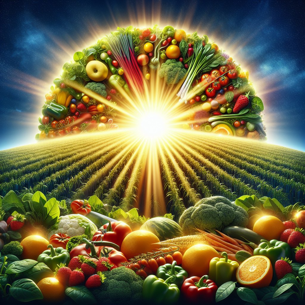 Radiant sun shining over a variety of colorful fruits and vegetables, symbolizing the natural sources of Vitamin D for skin health.