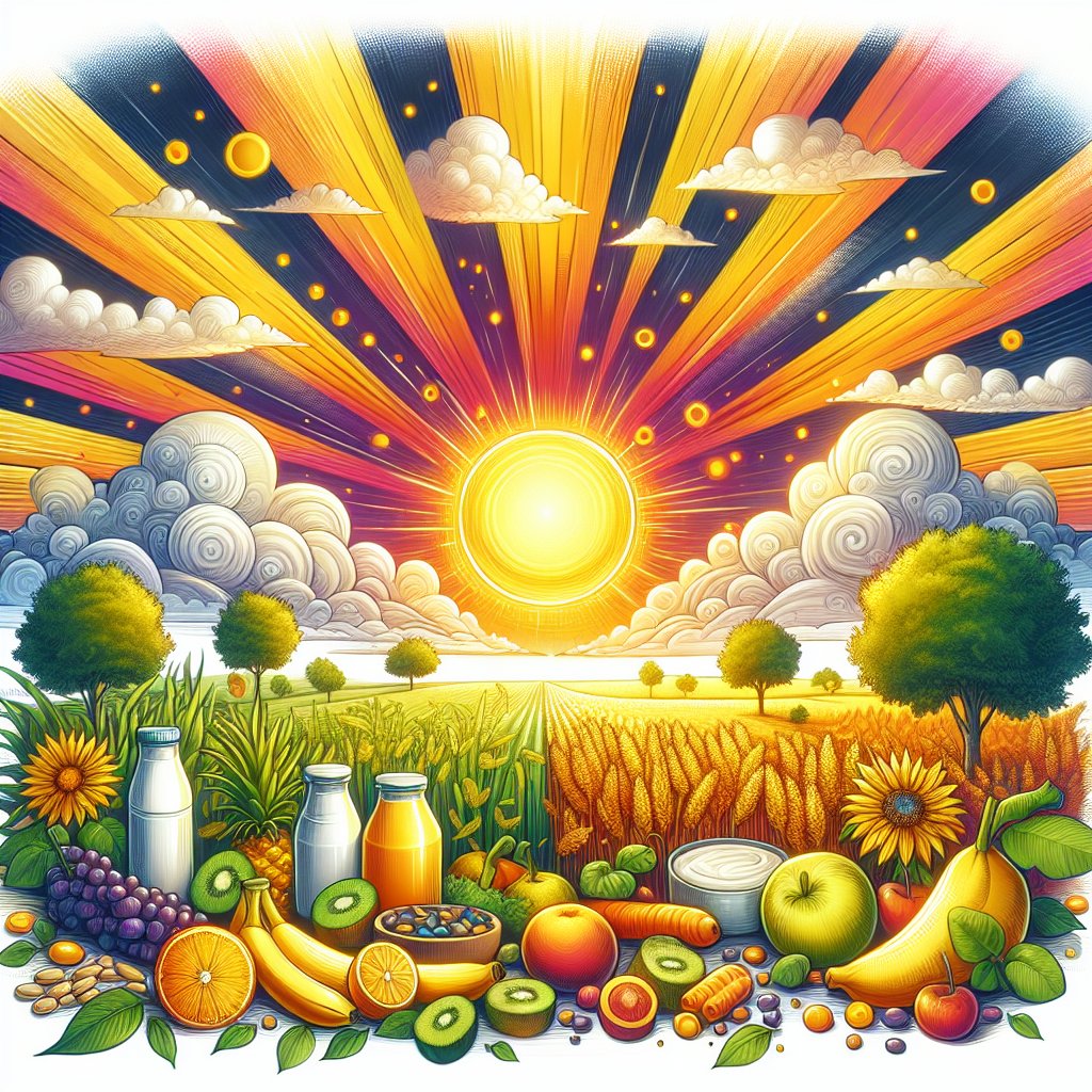 Illustration of a vibrant sunny scene with yellow and orange hues, depicting a sunny sky, fruits, vegetables, and dairy products symbolizing sources of Vitamin D and B12.