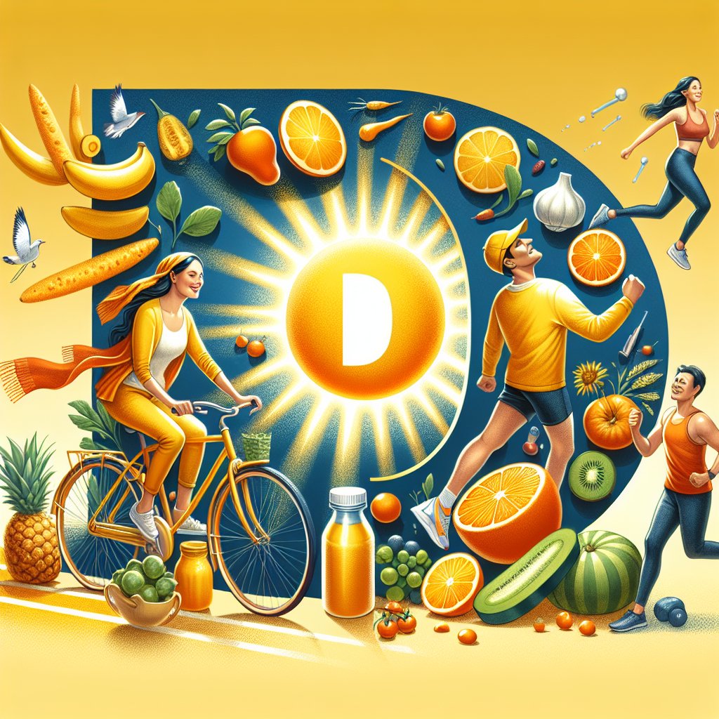 Image depicting the importance of Vitamin D in maintaining overall health with sunshine, healthy outdoor activities, and vibrant, nourishing foods.