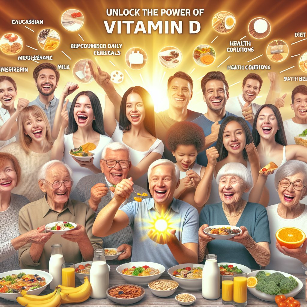 Diverse group of people of different age groups enjoying a variety of Vitamin D-rich foods and supplements.