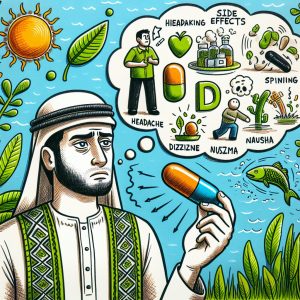 Person holding Vitamin B and D capsules with thought bubble of side effects and natural sources in the background