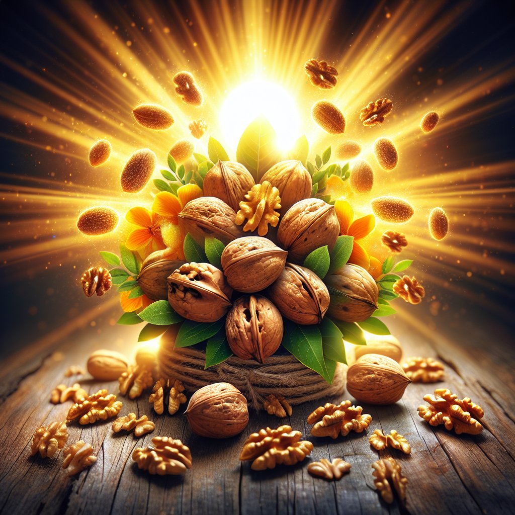 Vibrant walnuts under sunlight evoking the connection between walnuts and Vitamin D.