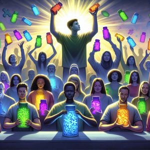 Diverse group of people holding colorful supplement bottles, representing varied approaches to managing autism.