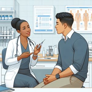 Healthcare professional discussing biotin injection safety with attentive patient