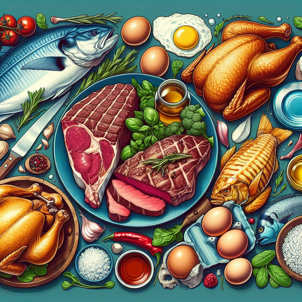 Illustration of various animal-based foods including steak, chicken, fish, and eggs, representing the abundance and variety of the carnivore diet.