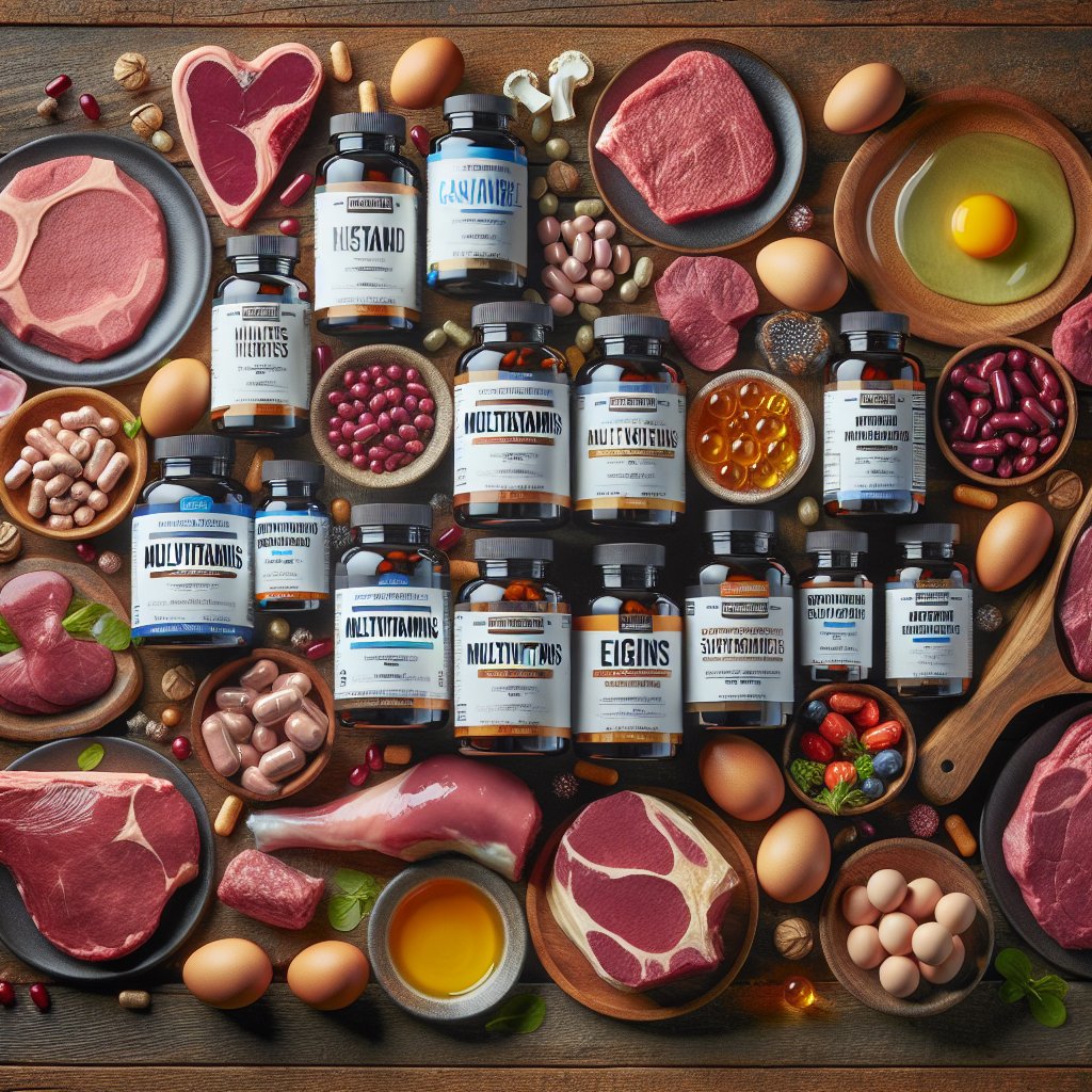 Diverse selection of multivitamin bottles with raw carnivore diet-friendly foods on wooden surface