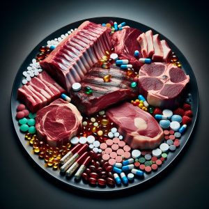 A plate filled with raw meat cuts, surrounded by multivitamin capsules and tablets to emphasize the importance of nutrient intake.