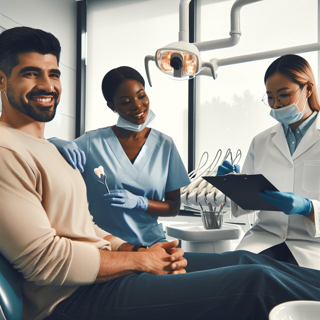 A confident individual in a dentist's chair surrounded by a professional dental team discussing the importance of regular dental check-ups in preventing and detecting gum disease.