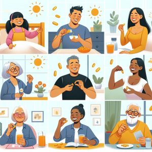 Diverse group of people of all age groups happily consuming Vitamin D gel capsules