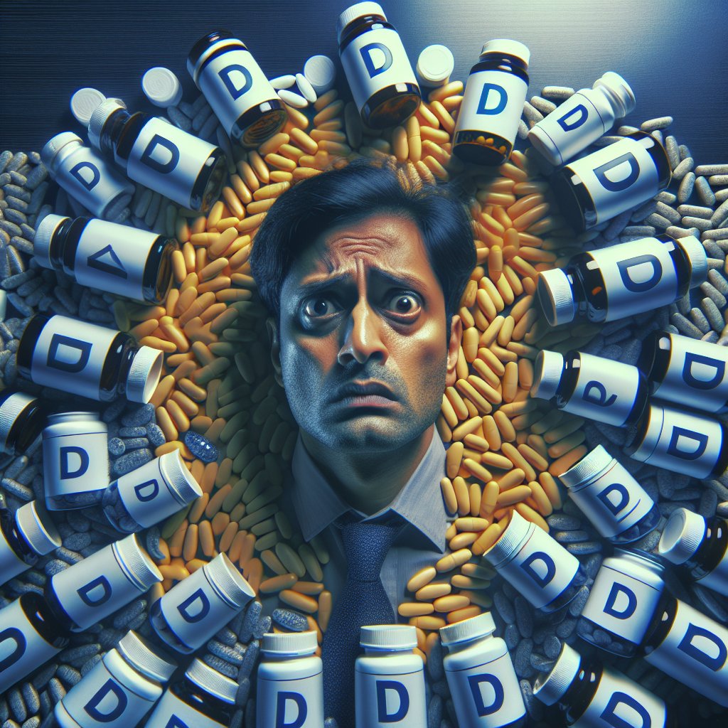 Person surrounded by Vitamin D supplements with concerned expression