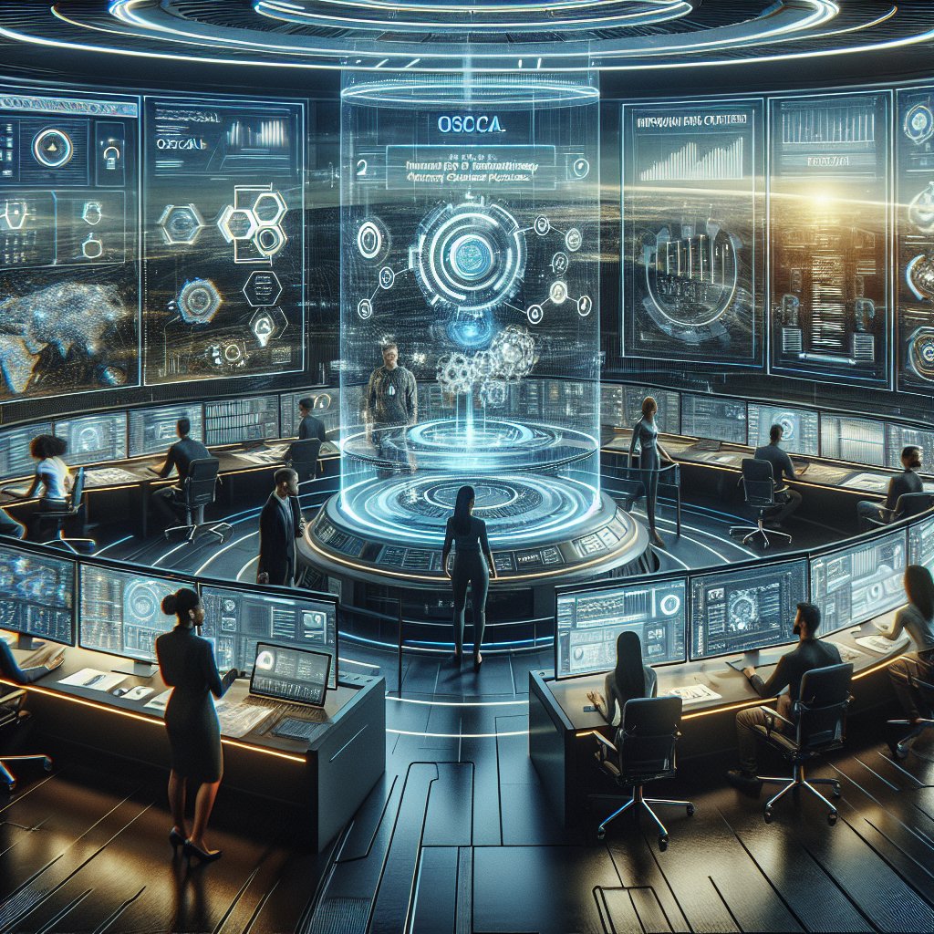 Futuristic Cybersecurity Control Center bustling with activity as experts integrate OSCAL into security processes