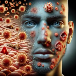 Herpes simplex virus entering skin cells triggering the formation of cold sores