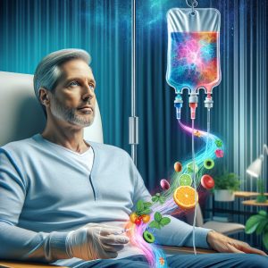 Person receiving IV wellness treatment, focusing on the delivery of vitamins, minerals, and nutrients into the bloodstream for enhanced absorption and health benefits.