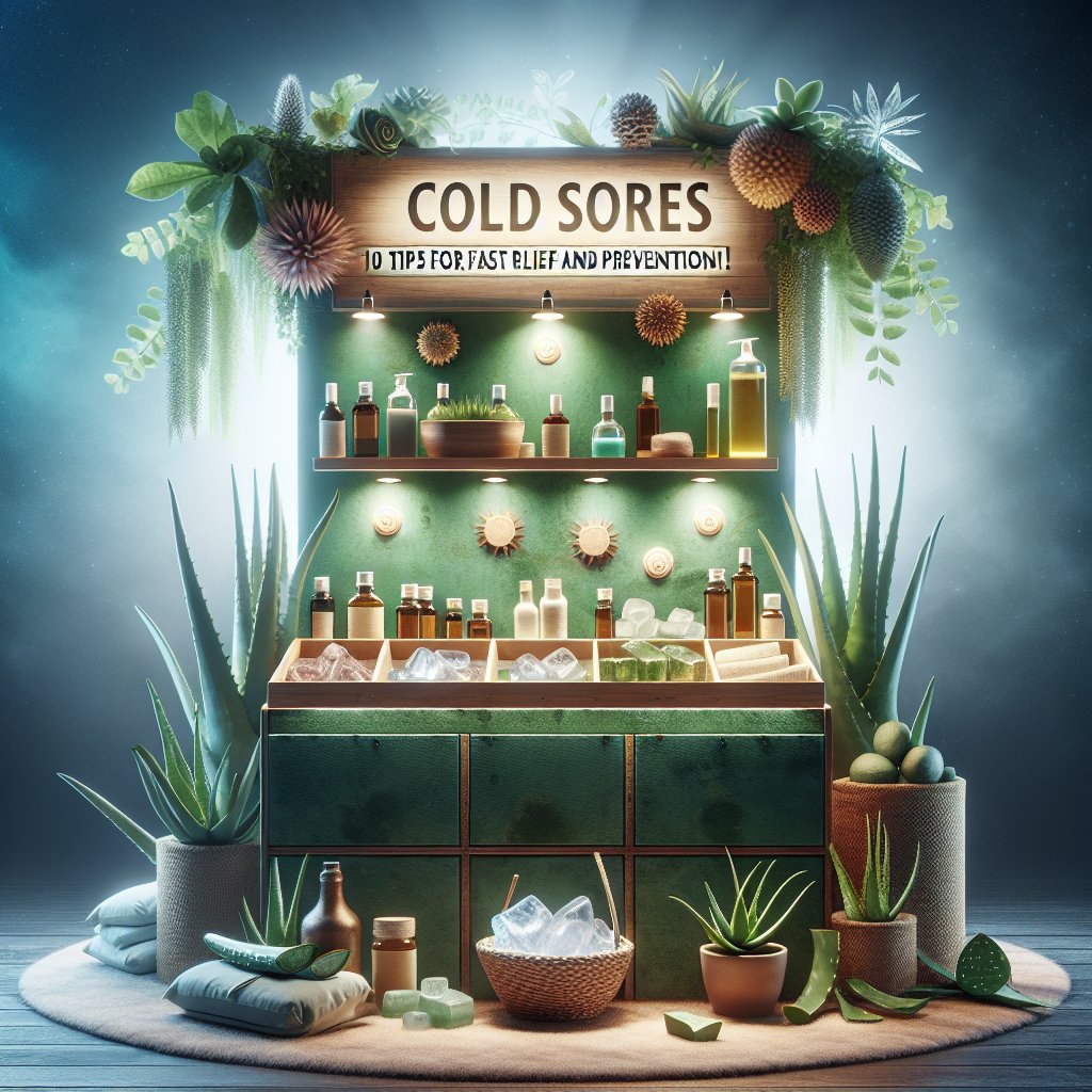 Vibrant and inviting natural remedy station for cold sores featuring ice packs, tea tree oil bottles, and aloe vera plants, exuding a soothing and comforting atmosphere.