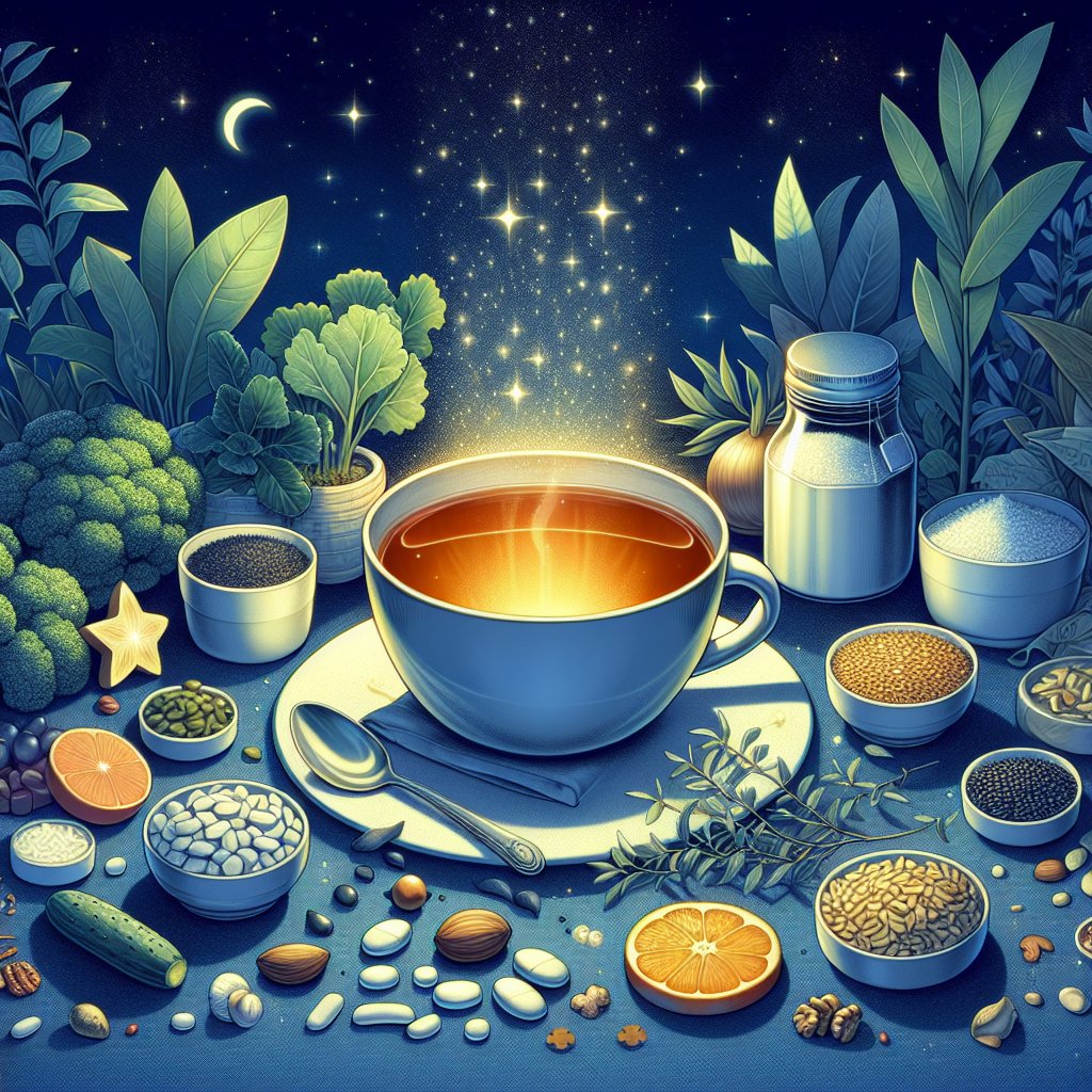 Tranquil nighttime scene featuring a cup of warm magnesium-infused herbal tea and magnesium-rich foods promoting relaxation and well-being.