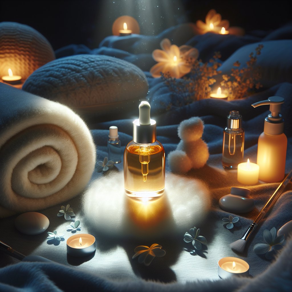 A serene nightime skincare scene with a glowing bottle of vitamin C serum, plush towel, face cleanser, and a calming atmosphere.