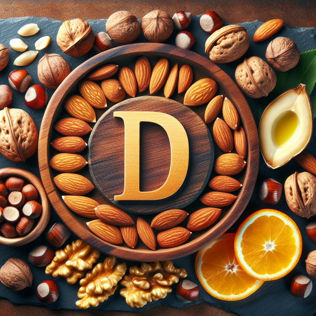 Assorted nuts including almonds, hazelnuts, and walnuts arranged in a visually appealing manner to showcase their nutritional value and Vitamin D content.
