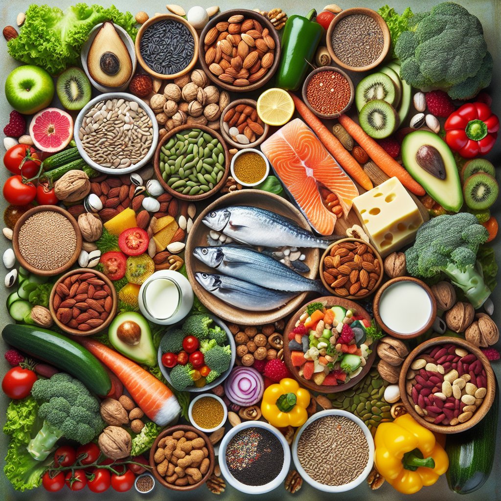 Assorted colorful vegetables, seeds, nuts, fatty fish, and dairy products rich in Omega-3 and Vitamin D, creating a vibrant and diverse display of natural food sources.