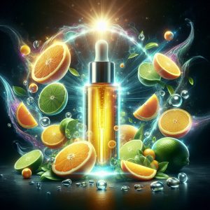 Radiant bottle of organic vitamin C serum surrounded by fresh citrus fruits