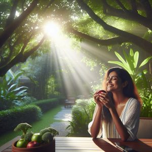 Person relaxing in lush greenery under gentle sunlight while enjoying a healthy snack.