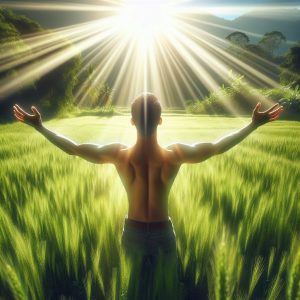 Person standing in sun-drenched field surrounded by lush greenery, soaking in sunlight to illustrate the concept of lack of sun exposure leading to Vitamin D deficiency.