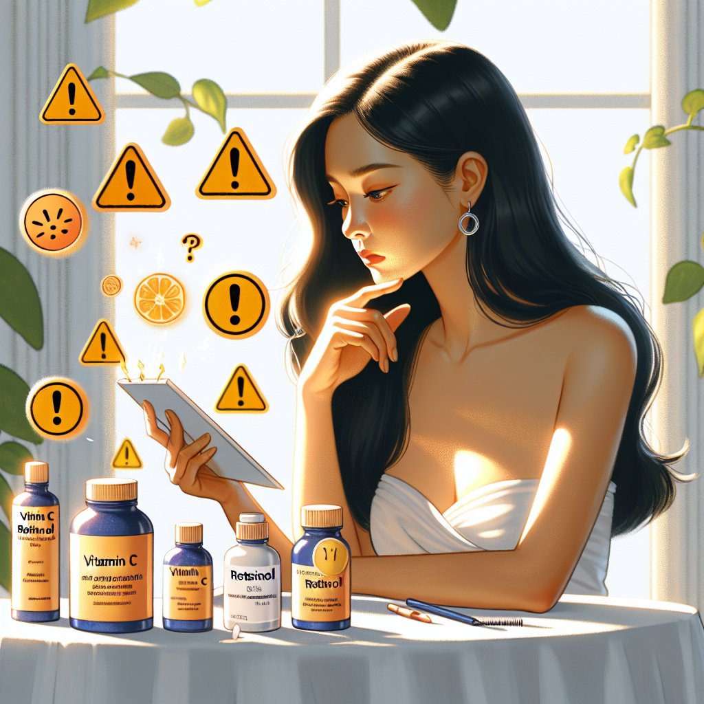 Enthusiastic skincare enthusiast reading labels of Vitamin C and Retinol products with cautionary symbols floating above