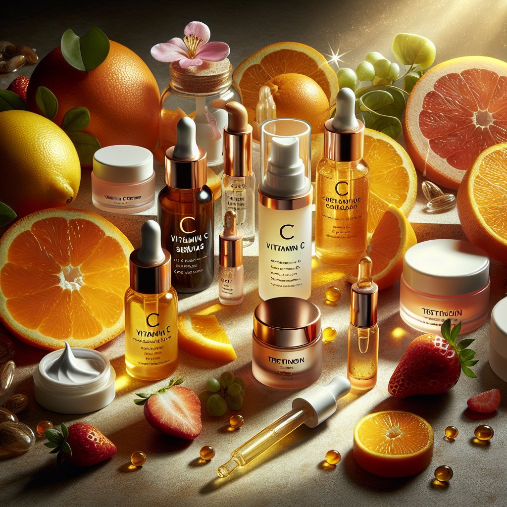 Luxurious skincare routine setup with vitamin C serums, tretinoin creams, and an assortment of colorful fruits rich in vitamin C