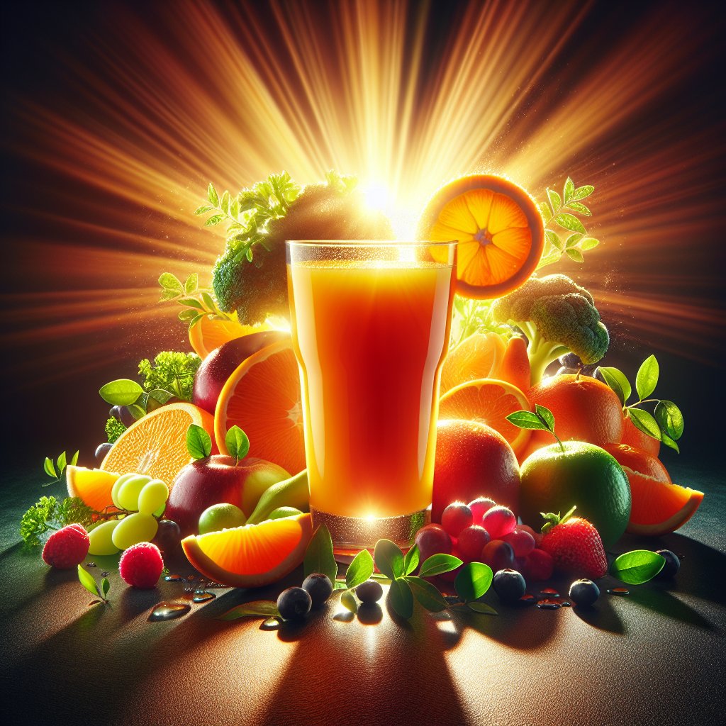 Inviting glass of Sunny D surrounded by an assortment of fresh fruits and vegetables, conveying health and vitality.