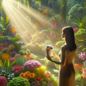 Person in a sunny garden with vibrant green plants and colorful flowers, holding a bottle of Vitamin D supplements and a packet of Levothyroxine medication.