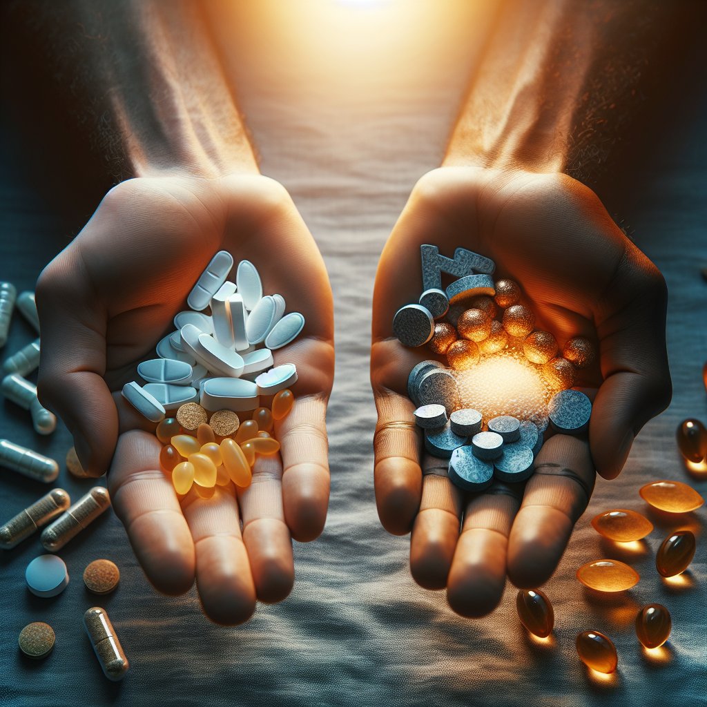 Two hands holding a variety of supplements including Vitamin D and Zinc, depicting the comparison between different forms of supplementation for boosting immunity and overall wellness.