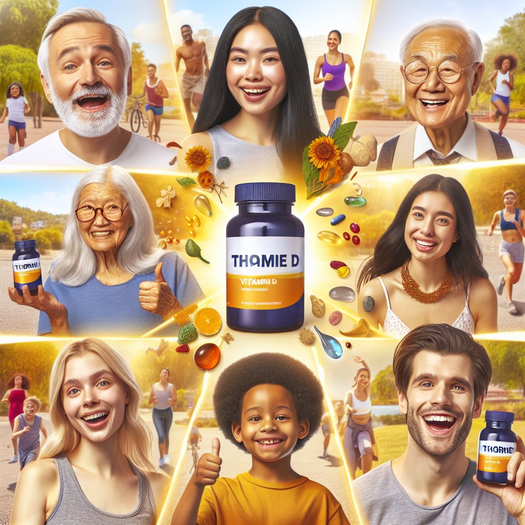 Diverse group of people smiling and holding Thorne Vitamin D bottles with positive testimonials in speech bubbles, sunny outdoor scenes in the background
