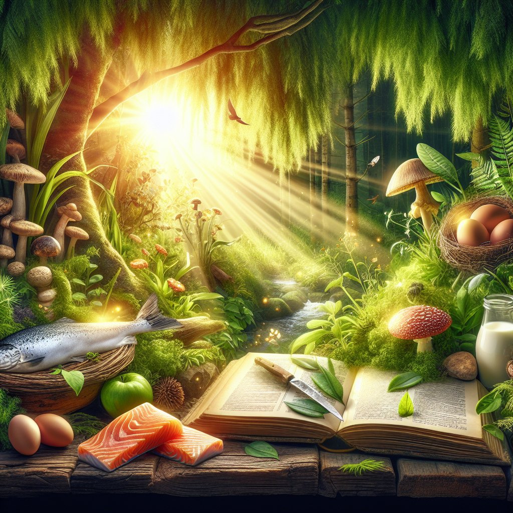 Sunlit garden featuring foods rich in Vitamin D such as salmon, eggs, mushrooms, and dairy products, symbolizing nourishment and vitality.